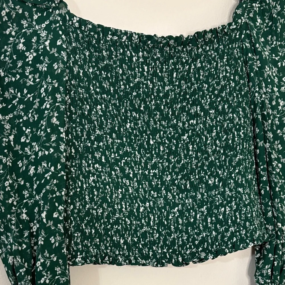 Reformation Pinto Green Floral Smocked Top Blouse XS Romantic Sheer Coquette